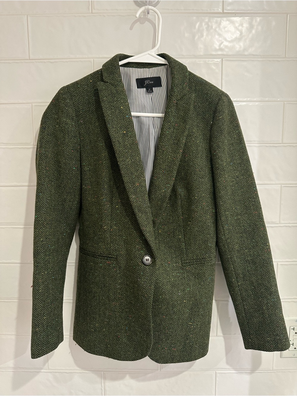 J.Crew Parke Blazer Women 0 Green Herringbone Tweed Wool Single Button K0485